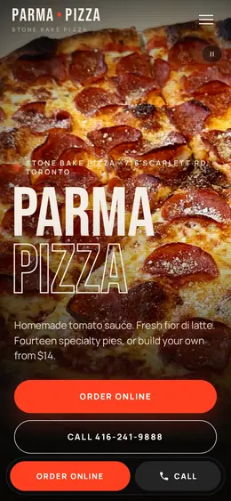 Screenshot of the Parma Pizza · Concept B1 demo, mobile