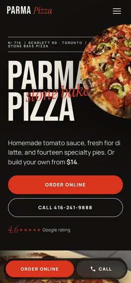 Screenshot of the Parma Pizza · Concept B2 demo, mobile